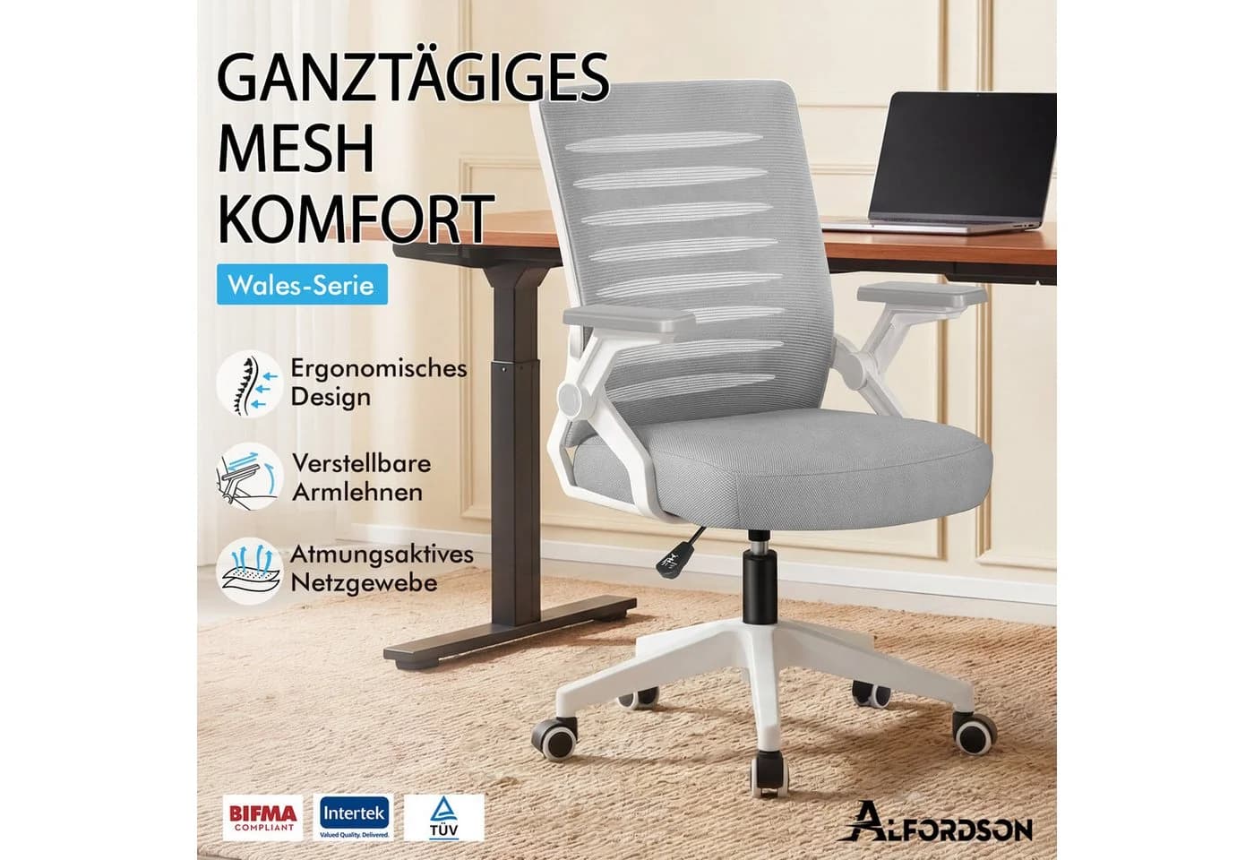 ALFORDSON Bürostuhl Grau mit Lendenwirbelstütze und verstellbaren Armlehnen