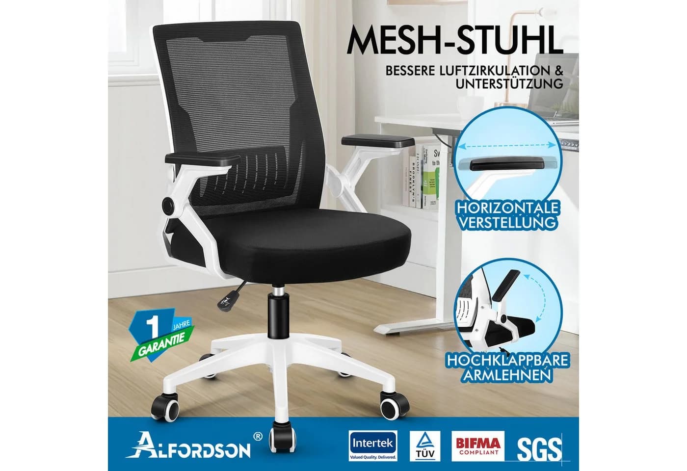 ALFORDSON Bürostuhl Ergonomisch Lendenwirbelstütze Schwarz/Weiß - Bild 4