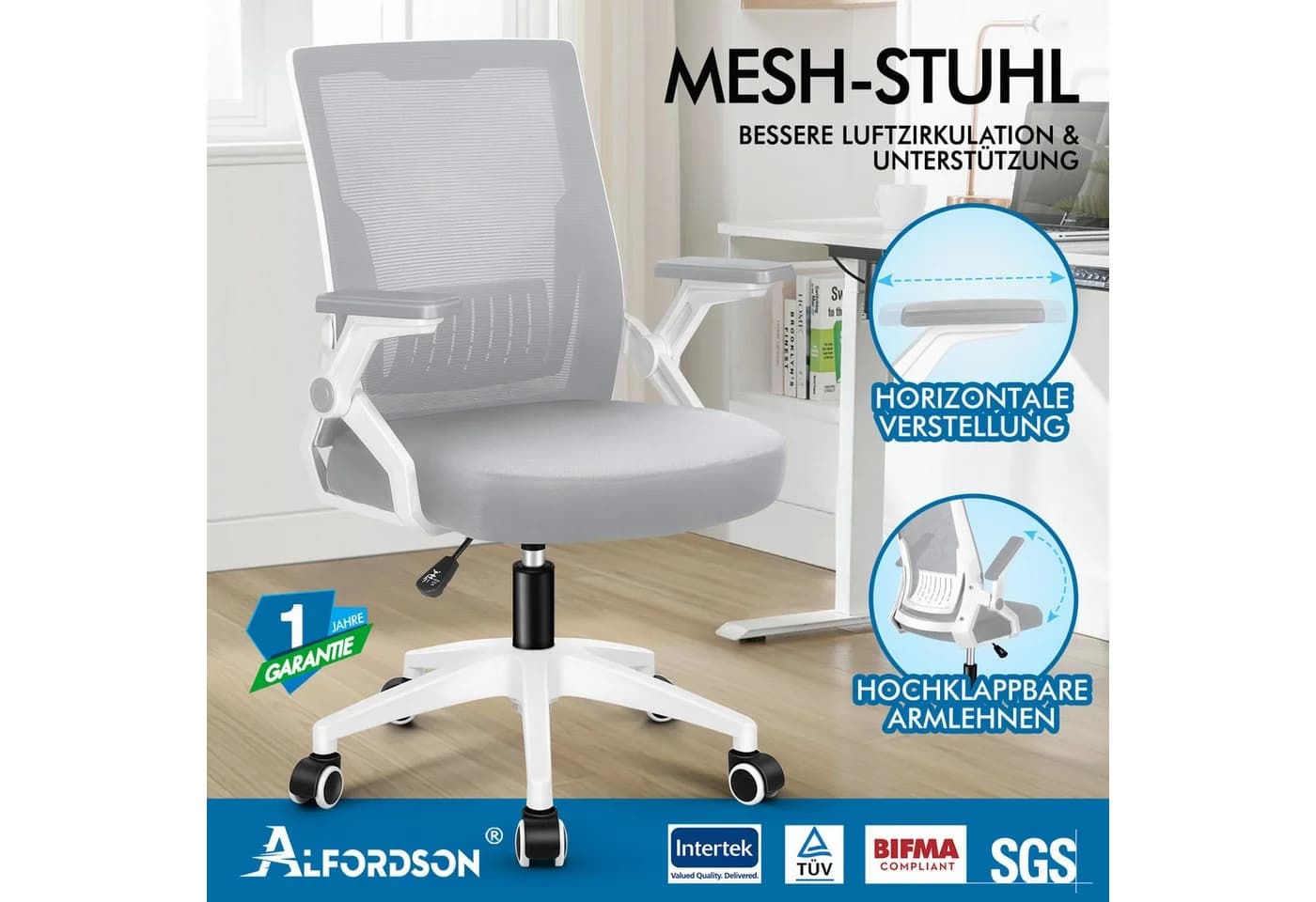 ALFORDSON Bürostuhl Ergonomisch Netz Lendenwirbelstütze Klappbare Armlehnen - Bild 4