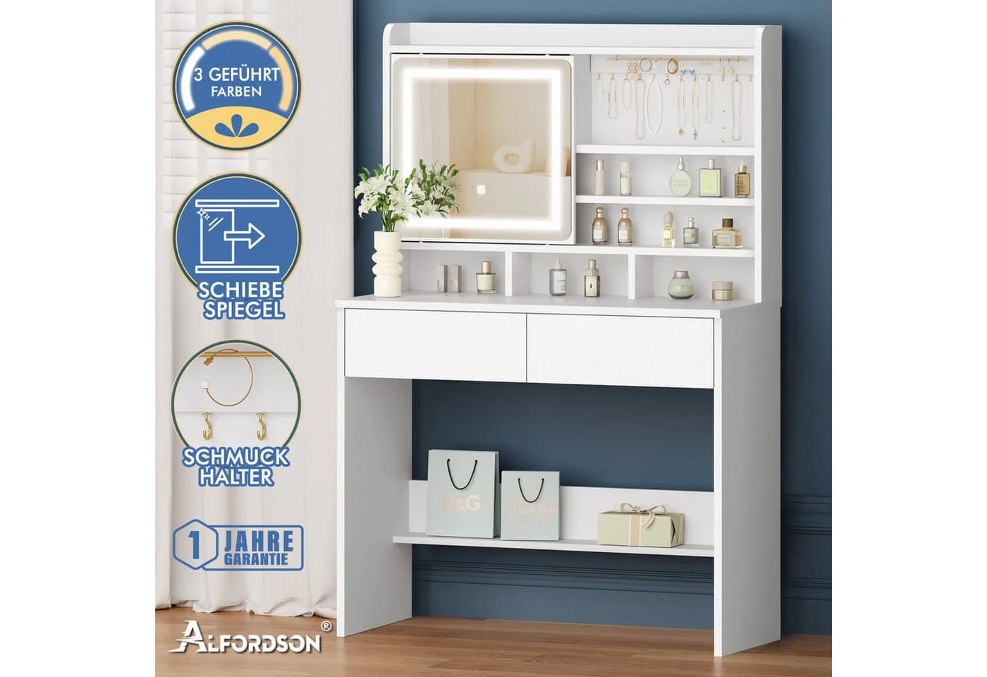 ALFORDSON Schminktisch mit 2 Schubladen und Schmuckhalter, LED-Spiegel stufenlos dimmbar, 3 Farbmodi, Schlafzimmerkommode für Frauen - Bild 4