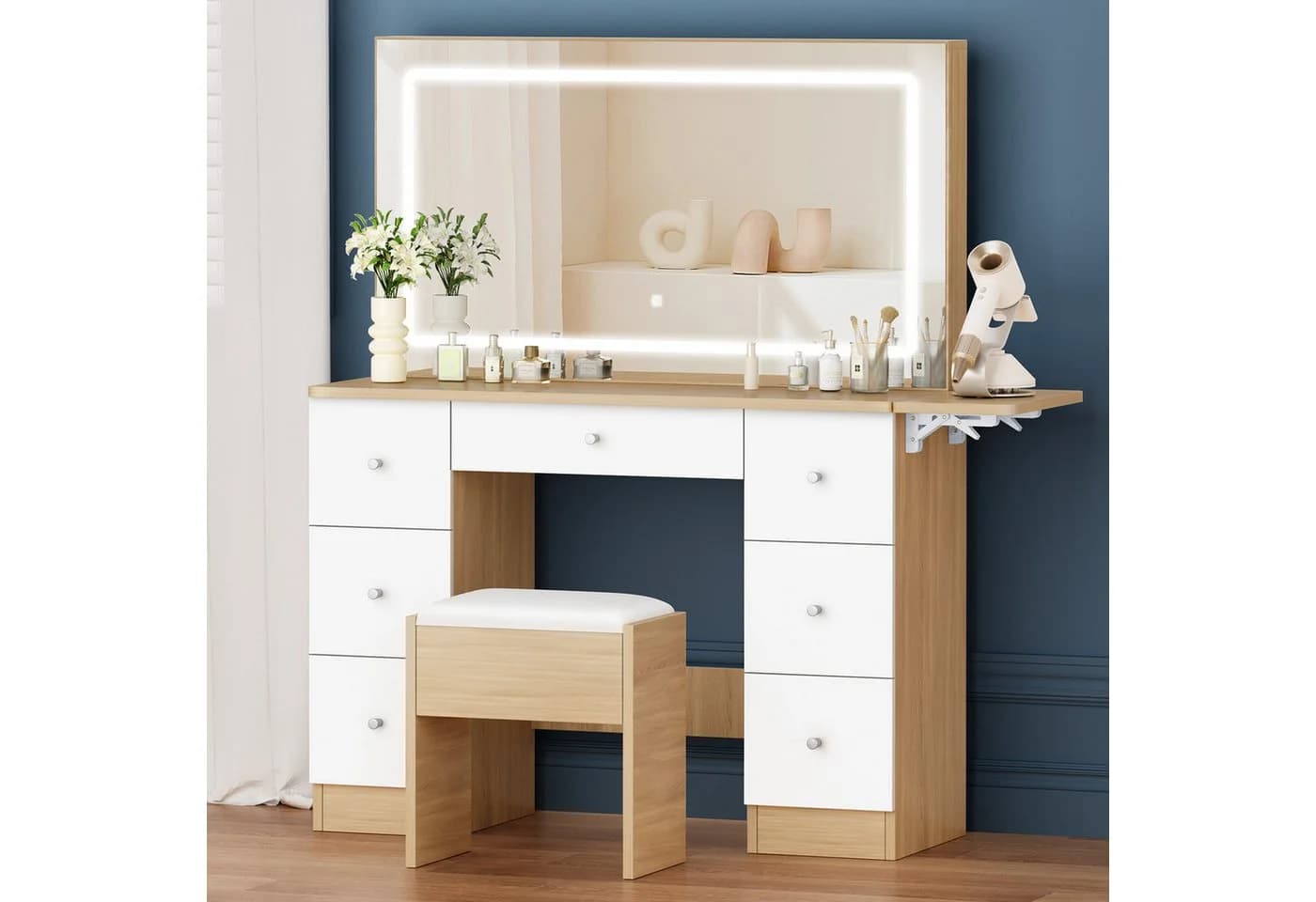 ALFORDSON Schminktisch mit LED-Spiegel, 7 Schubladen und Steckdosen, Schminktisch-Hocker-Set - Bild 2