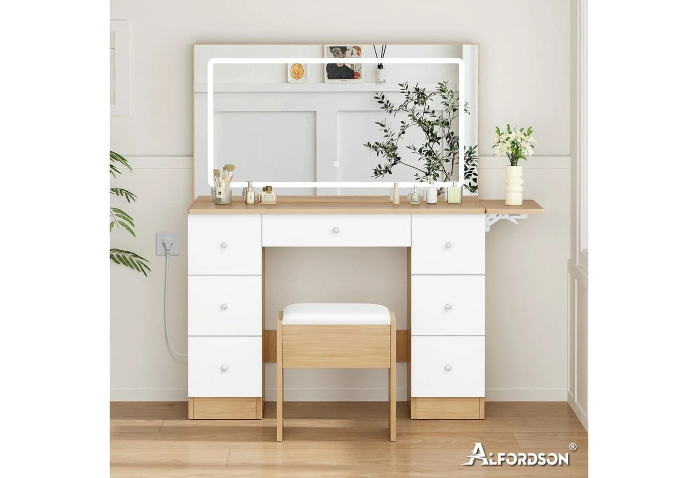 ALFORDSON Schminktisch mit LED-Spiegel, 7 Schubladen und Steckdosen, Schminktisch-Hocker-Set - Bild 3