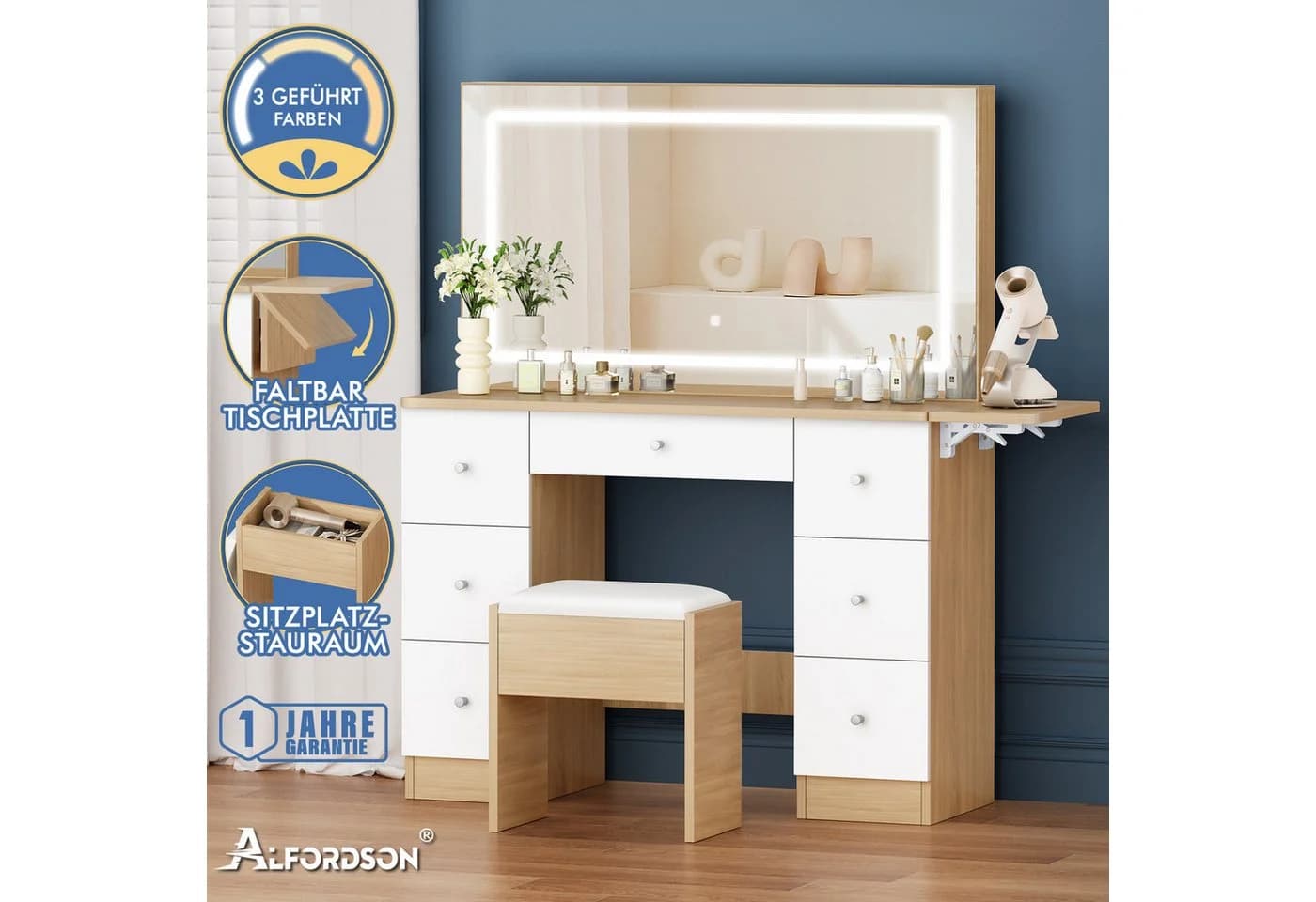 ALFORDSON Schminktisch mit LED-Spiegel, 7 Schubladen und Steckdosen, Schminktisch-Hocker-Set - Bild 4
