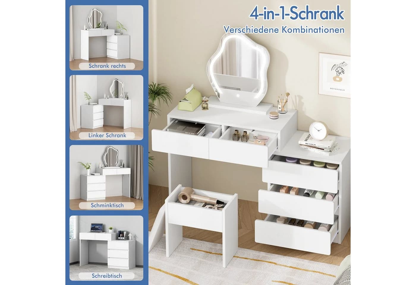 ALFORDSON Schminktisch mit 2 Schubladen und Hocker, LED-Spiegel, Weiß - Bild 4