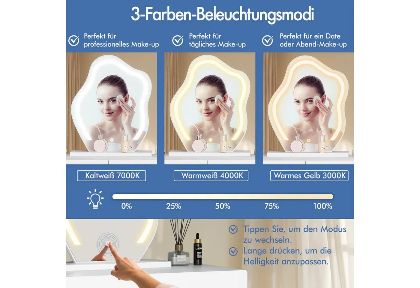 ALFORDSON Schminktisch mit 2 Schubladen und Hocker, LED-Spiegel, Weiß - Bild 5