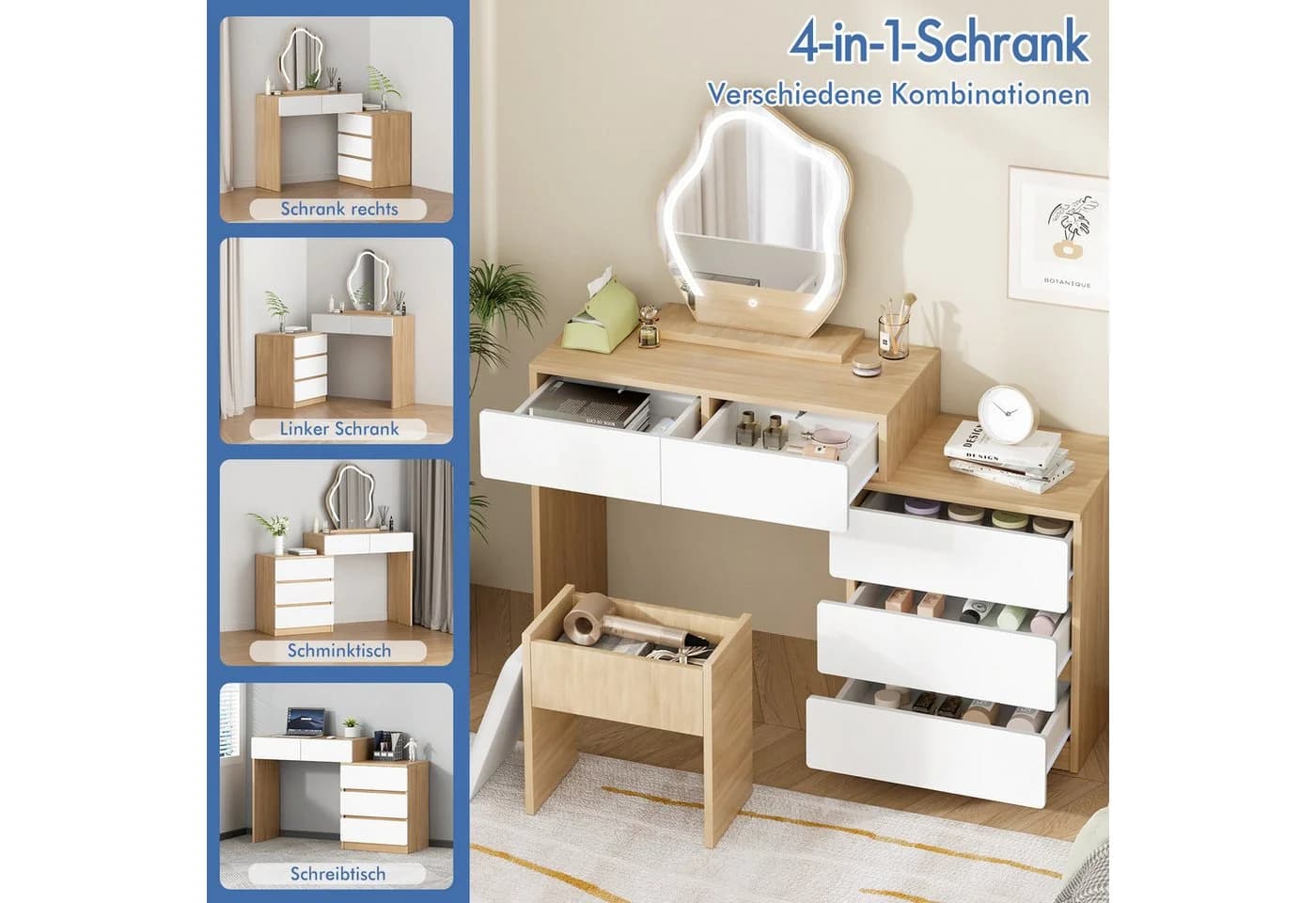 ALFORDSON Schminktisch mit 2 Schubladen und Hocker, LED-Spiegel, Weiß/Walnuss - Bild 4