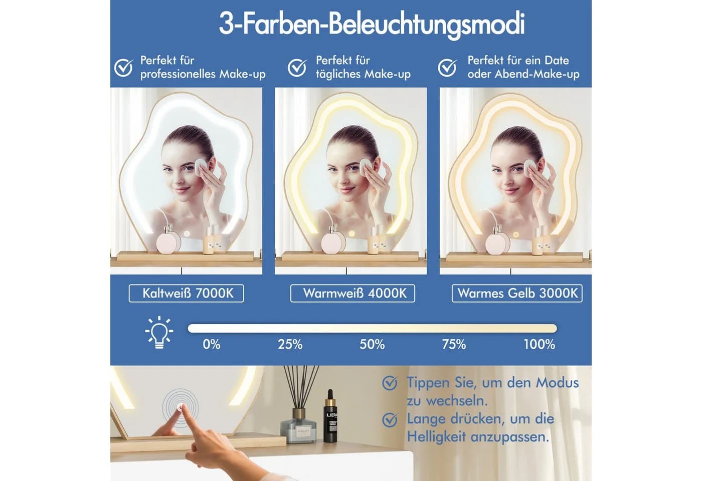 ALFORDSON Schminktisch mit 2 Schubladen und Hocker, LED-Spiegel, Weiß/Walnuss - Bild 5