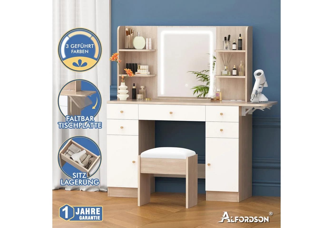 ALFORDSON Schminktisch mit LED-Spiegel und 5 Schubladen - Bild 4
