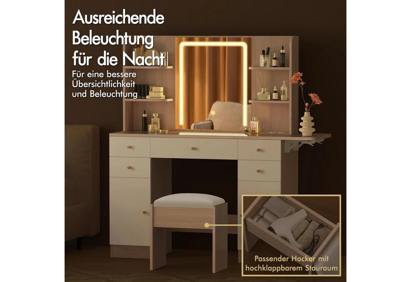 ALFORDSON Schminktisch mit LED-Spiegel und 5 Schubladen - Bild 5