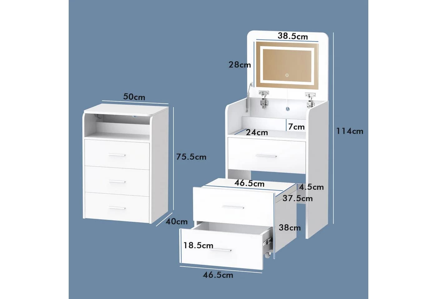 ALFORDSON Schminktisch LED-Nachttisch 3-in-1-Design Weiß