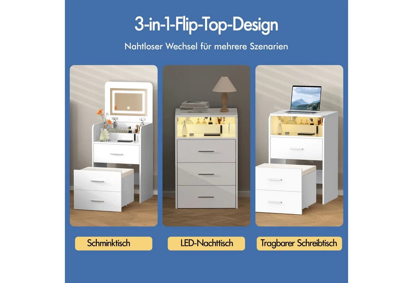 ALFORDSON Schminktisch LED-Nachttisch 3-in-1-Design Weiß - Bild 3