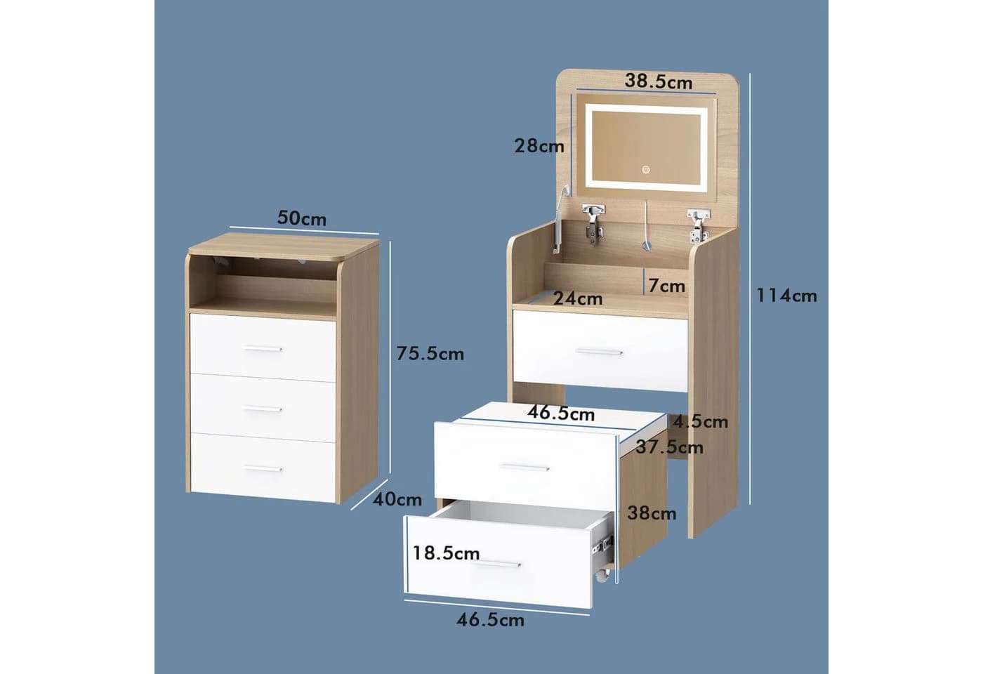 ALFORDSON Schminktisch LED-Nachttisch 3-in-1 Weiß/Eiche