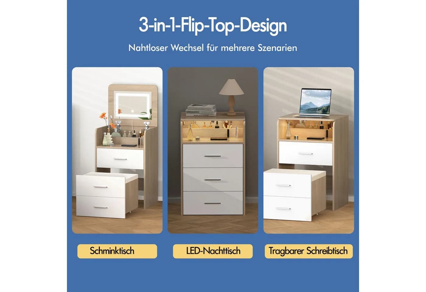 ALFORDSON Schminktisch LED-Nachttisch 3-in-1 Weiß/Eiche - Bild 2