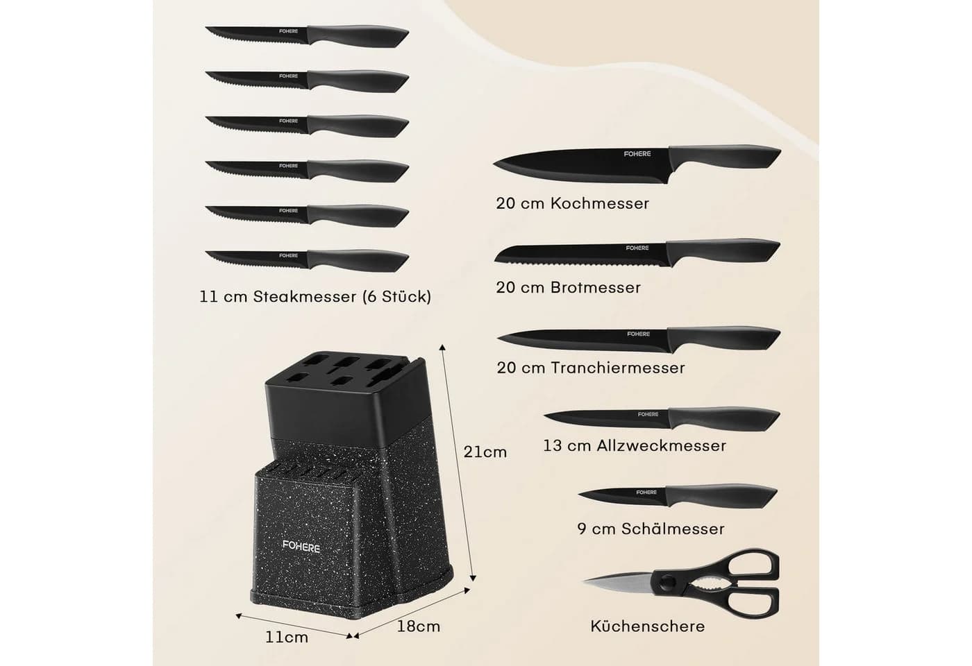 FOHERE Messer-Set 13-tlg. Schwarz Edelstahl mit Schärfblock