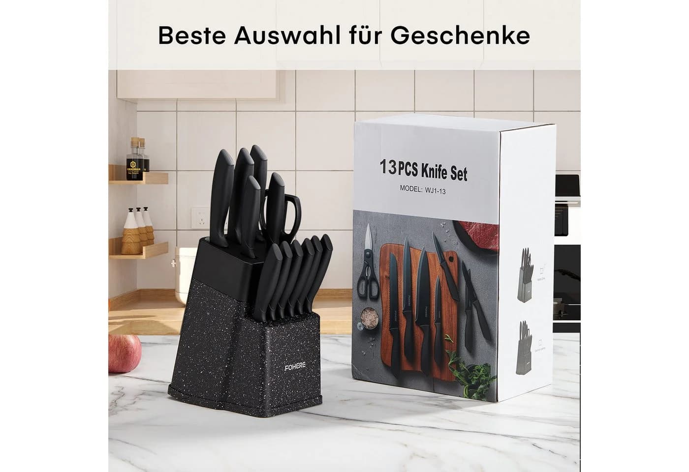 FOHERE Messer-Set 13-tlg. Schwarz Edelstahl mit Schärfblock - Bild 3