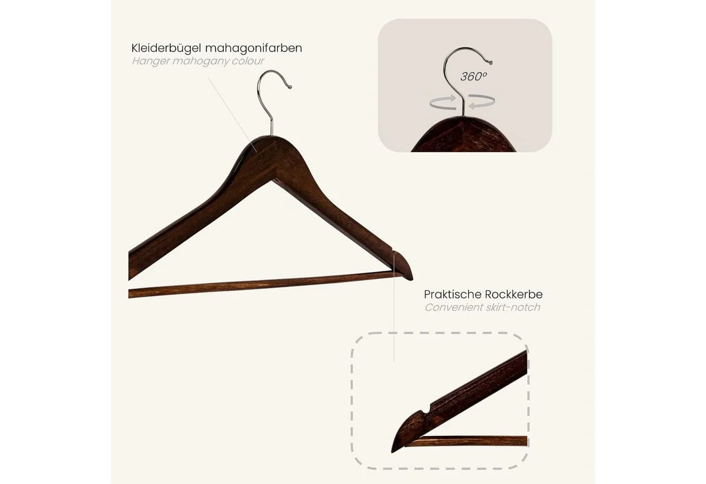 RSR Hangers Kleiderbügel Braun Holz 44,5 cm verzinkter 360° Haken, (10-tlg) - Bild 3