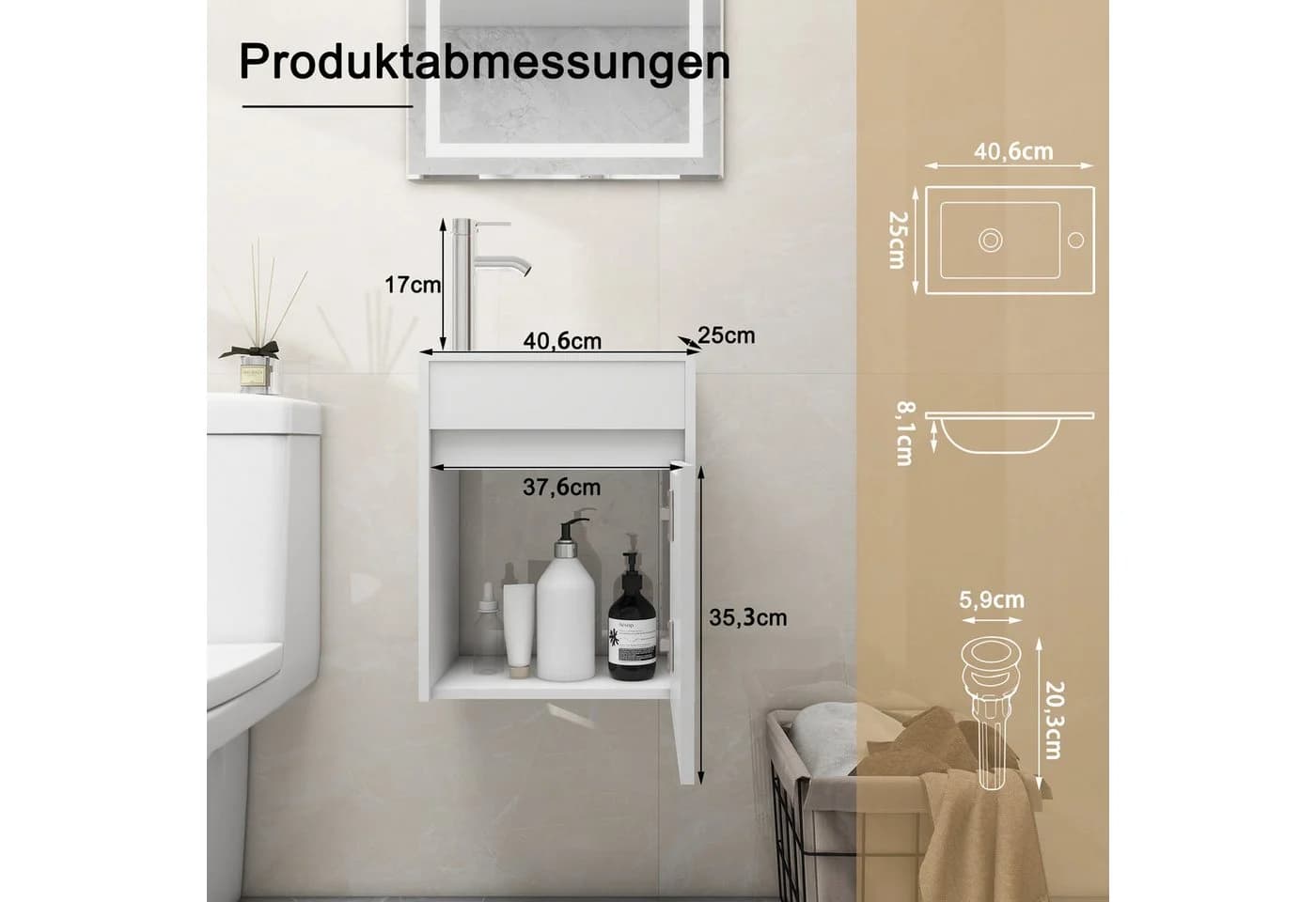 UEV Waschtisch-Set mit Unterschrank und Harzbecken, 40,6 cm, weiß - Bild 5
