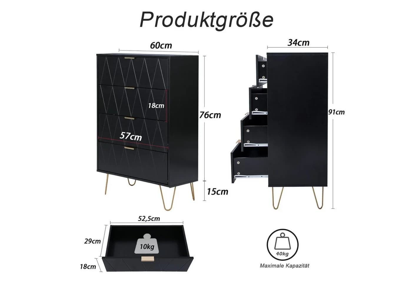 UEV Kommode mit 4 Schubladen, Sideboard für Schlafzimmer, Wohnzimmer, Holz, 60 x 34 x 91 cm - Bild 5