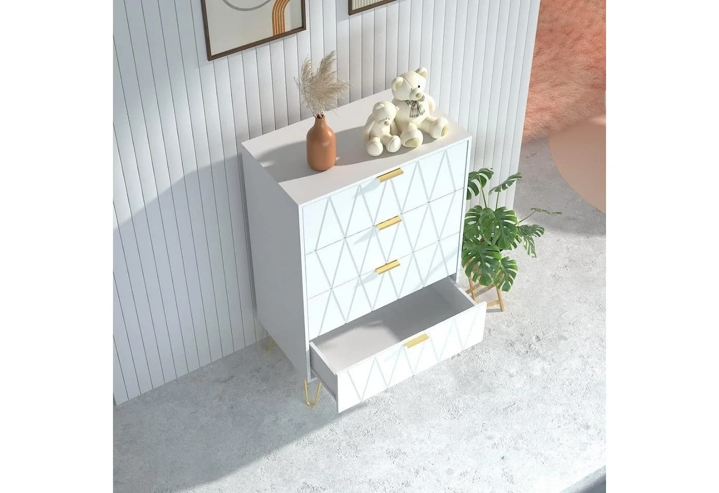 UEV Kommode mit 4 Schubladen, Sideboard für Schlafzimmer, Wohnzimmer (Mehrzweckschrank aus Holz, 60 x 34 x 91 cm), Aufbewahrungskommode, Schrank für Wohnzimmer, Schlafzimmer, Flur - Bild 3