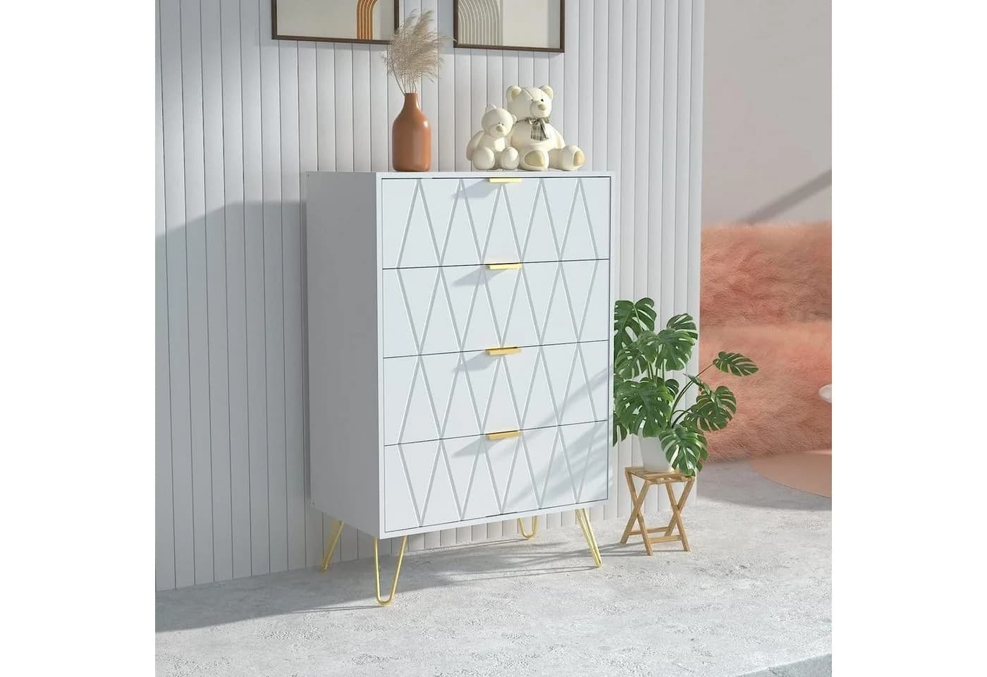 UEV Kommode mit 4 Schubladen, Sideboard für Schlafzimmer, Wohnzimmer (Mehrzweckschrank aus Holz, 60 x 34 x 91 cm), Aufbewahrungskommode, Schrank für Wohnzimmer, Schlafzimmer, Flur - Bild 4