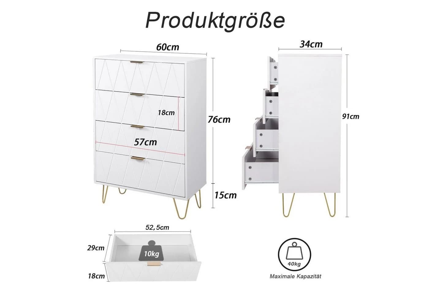 UEV Kommode mit 4 Schubladen, Sideboard für Schlafzimmer, Wohnzimmer (Mehrzweckschrank aus Holz, 60 x 34 x 91 cm), Aufbewahrungskommode, Schrank für Wohnzimmer, Schlafzimmer, Flur - Bild 5