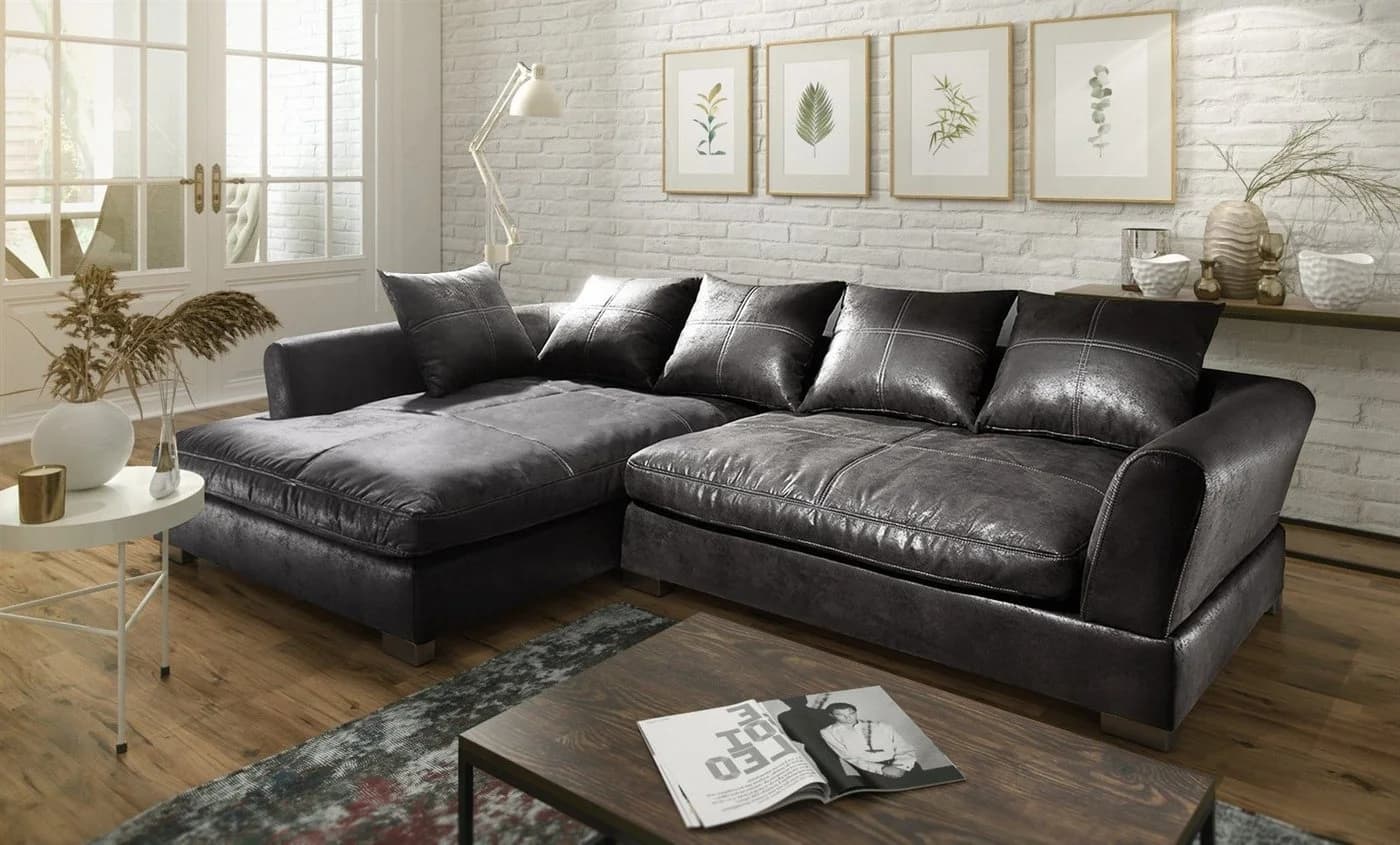 Fun Möbel Ecksofa TIZIAN L-Form Schwarz Wildlederoptik mit Ottomane