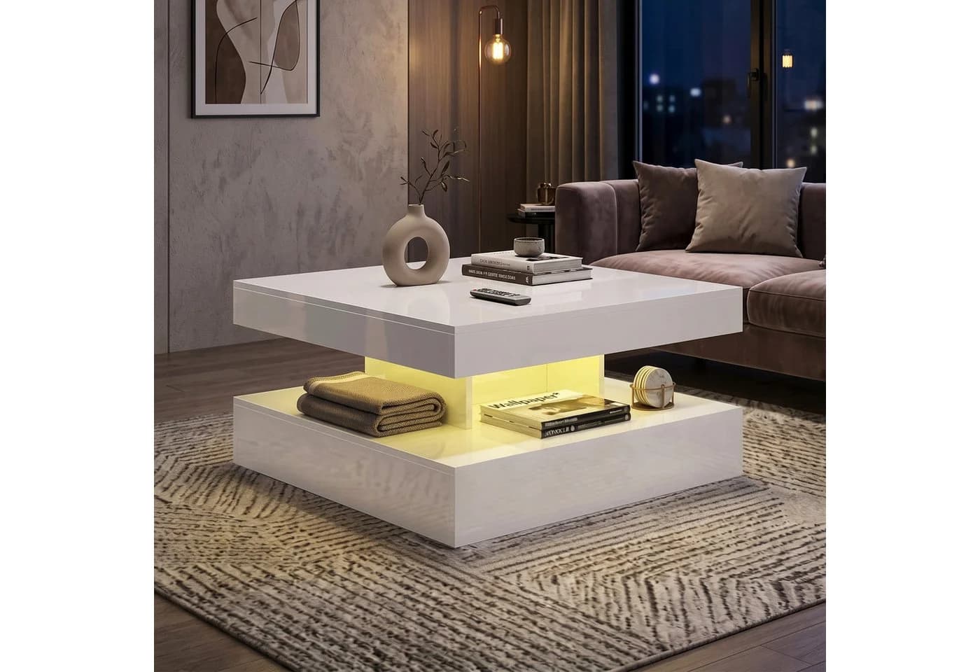 Couchtisch mit LED & Fernbedienung 78x78cm Schwarz/Weiß Marmor - Bild 4