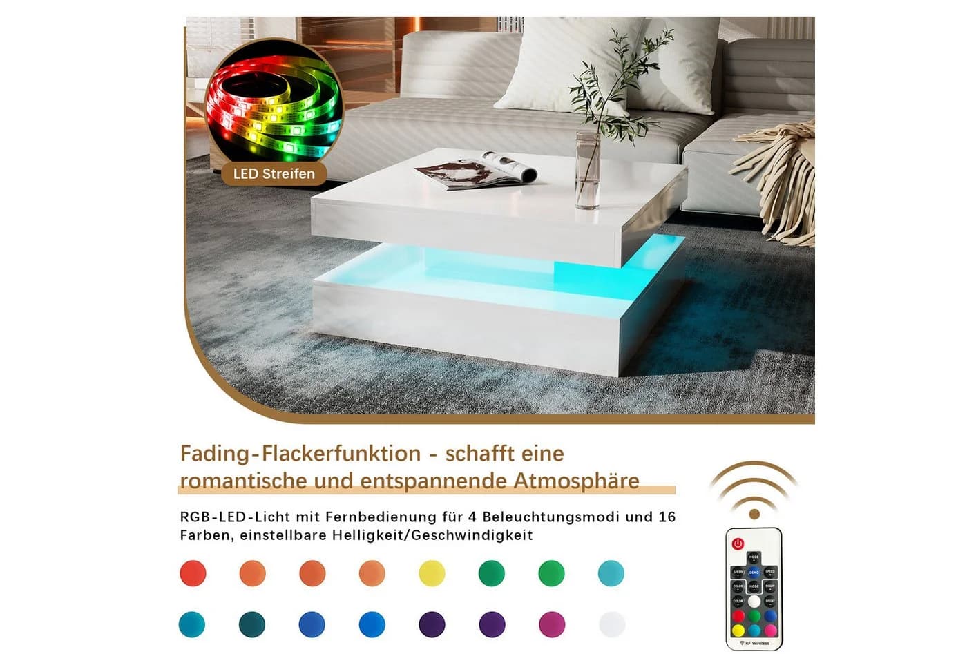 Couchtisch mit LED & Fernbedienung 78x78cm Schwarz/Weiß Marmor - Bild 5