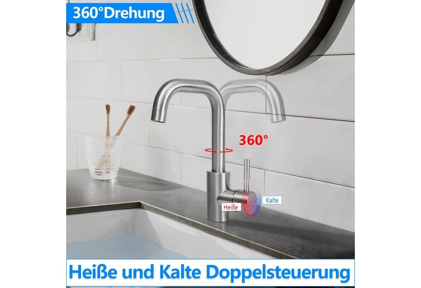 Nettlife Küchenarmatur Edelstahl Mischbatterie 360°Drehbar Silber - Bild 1