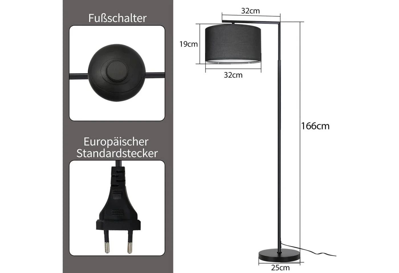 Nettlife Stehlampe Schwarz Stoffschirm Bogenlampe E27 - Bild 5