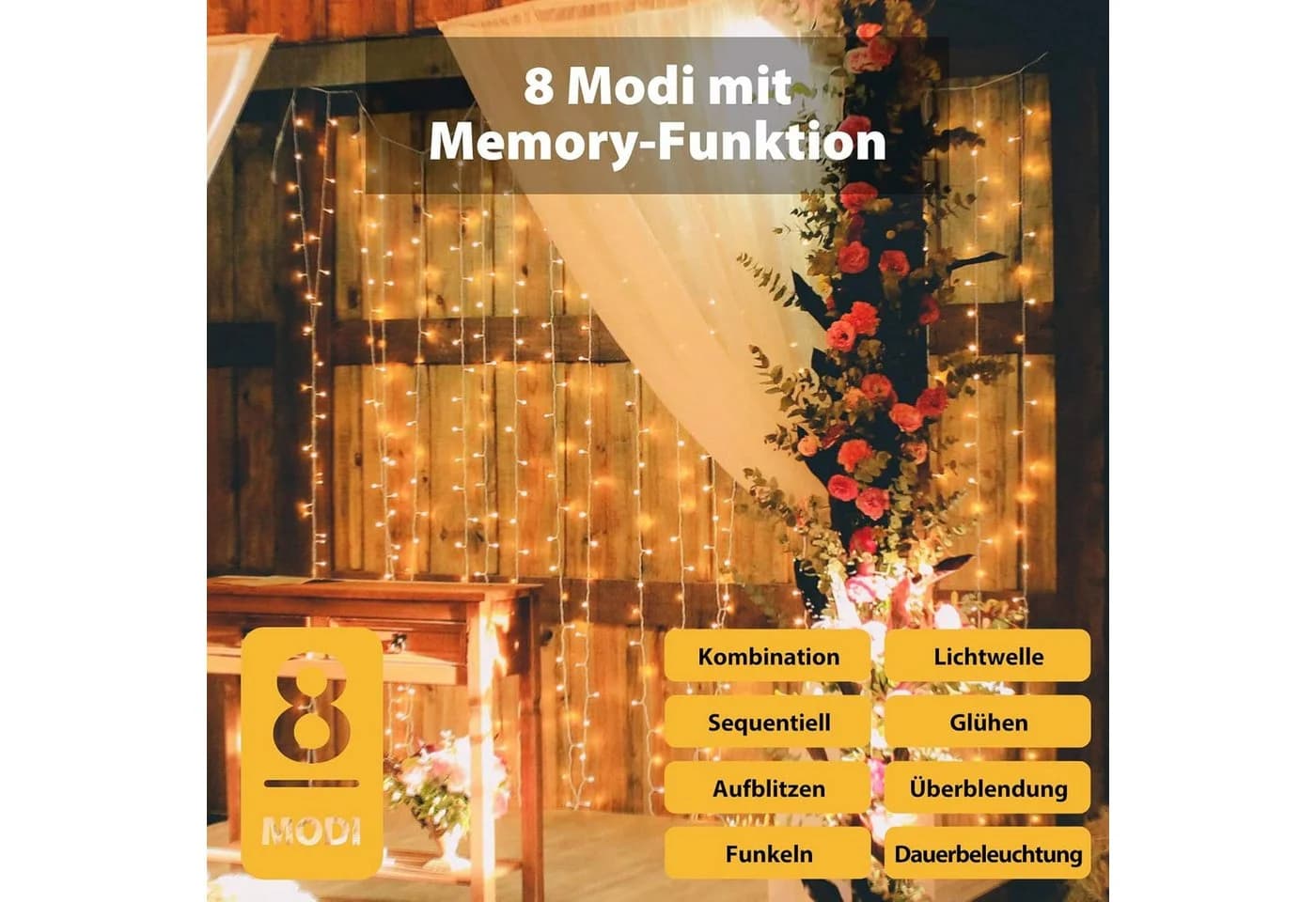Salcar LED-Lichterkette 3x3m Warmweiß 8 Beleuchtungsmodi Timer & Memory-Funktion - Bild 3