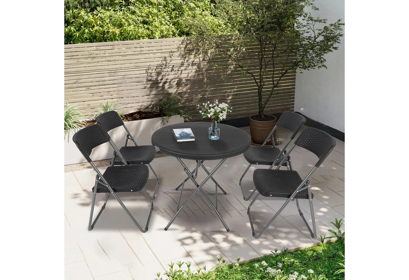 Sekey Garten-Essgruppe PE-Rattan 4 Personen Klappbar Schwarz