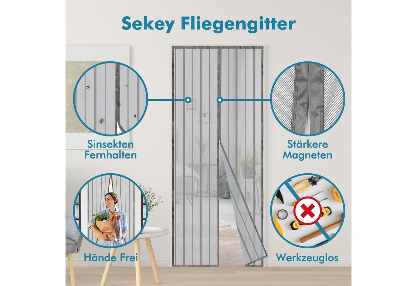 Sekey Magnetisches Fliegengitter Tür grau - Insektenschutz ohne Bohren
