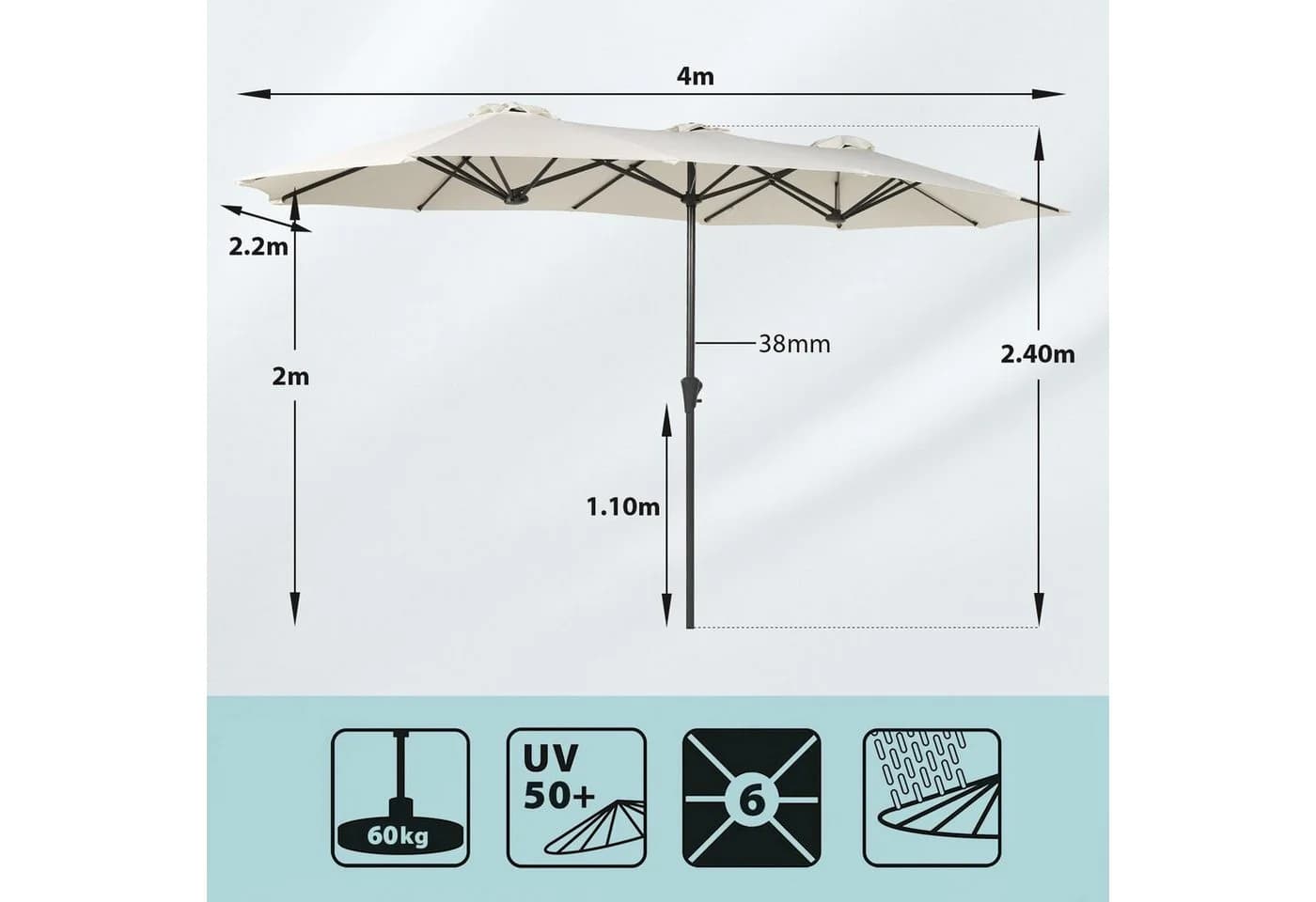Sekey Sonnenschirm 400x220 cm Creme Kurbel UV50+ - Bild 3