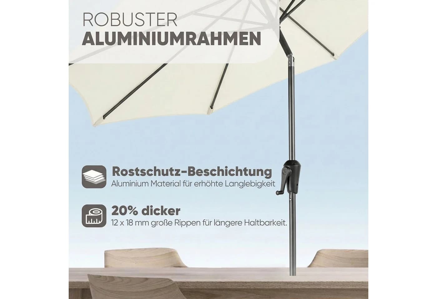 Sekey Sonnenschirm 3m Marktschirm mit Kurbel und LED, Creme
