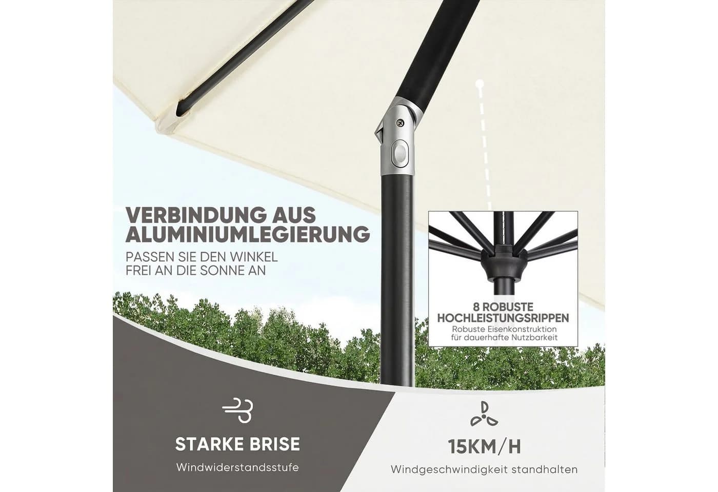 Sekey Sonnenschirm 3m Marktschirm mit Kurbel und LED, Creme - Bild 3