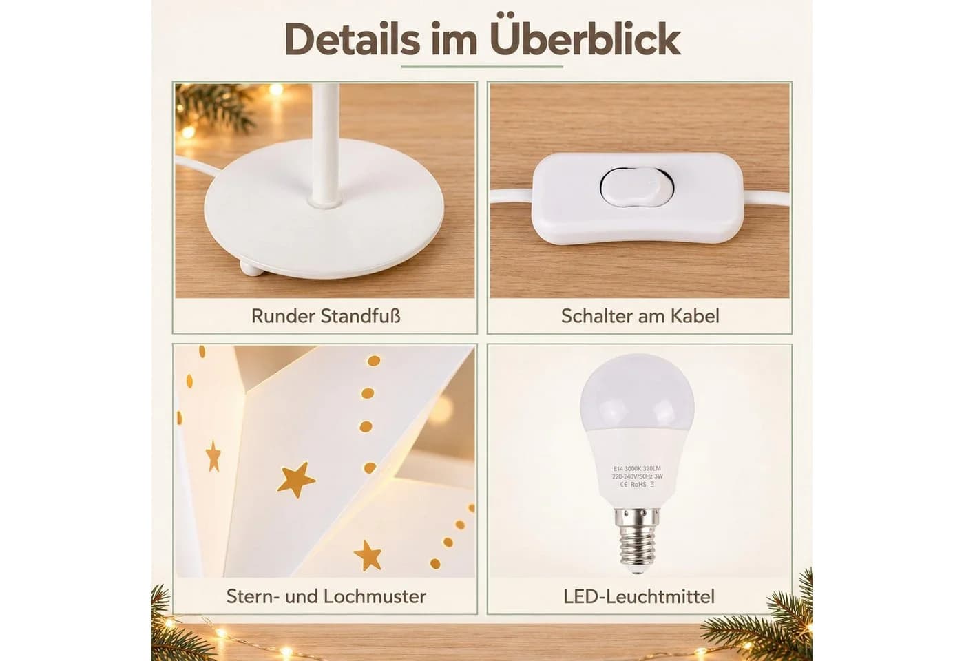 Salcar LED Stern 55cm Schreibtischlampe Papierstern-Lichterkette Warmweiß - Bild 5