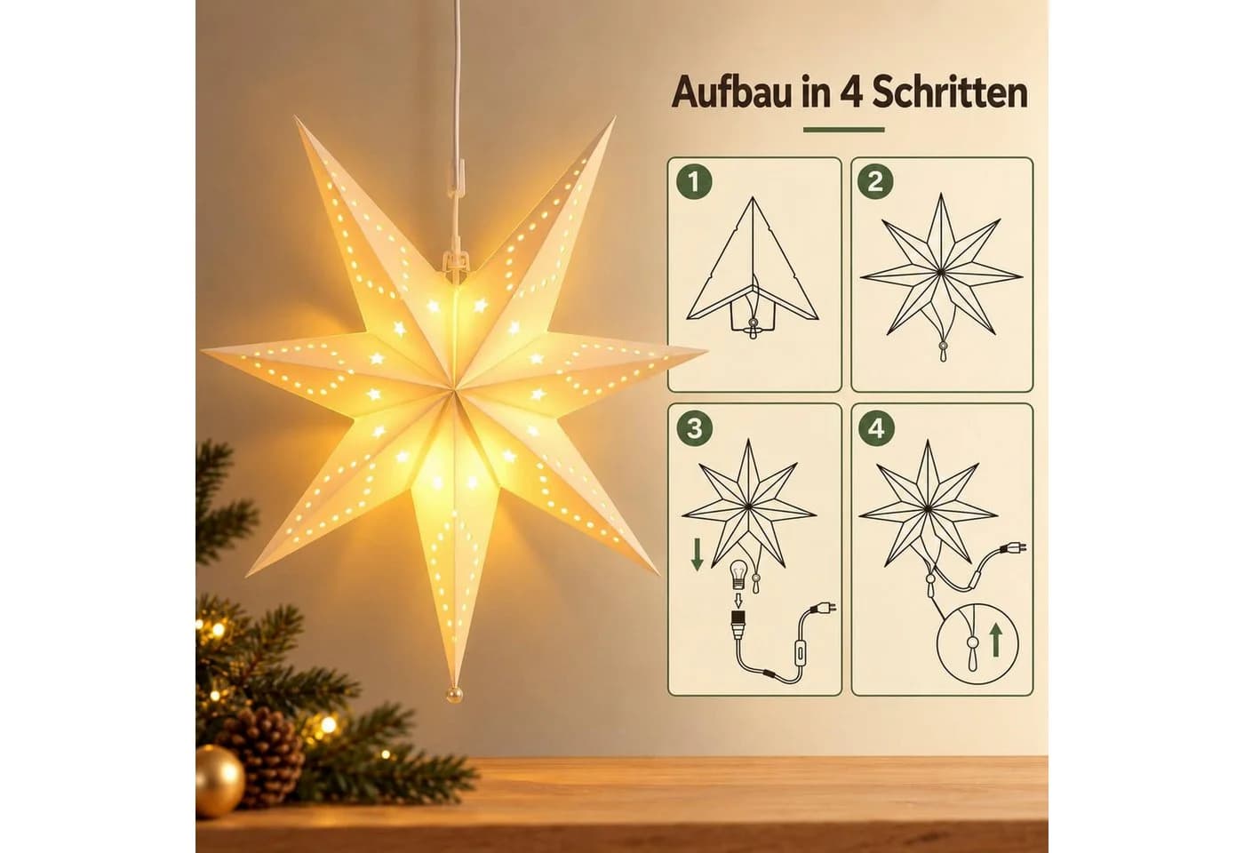 Salcar LED Stern 55cm Papierstern-Lichterkette Warmweiß - Bild 5