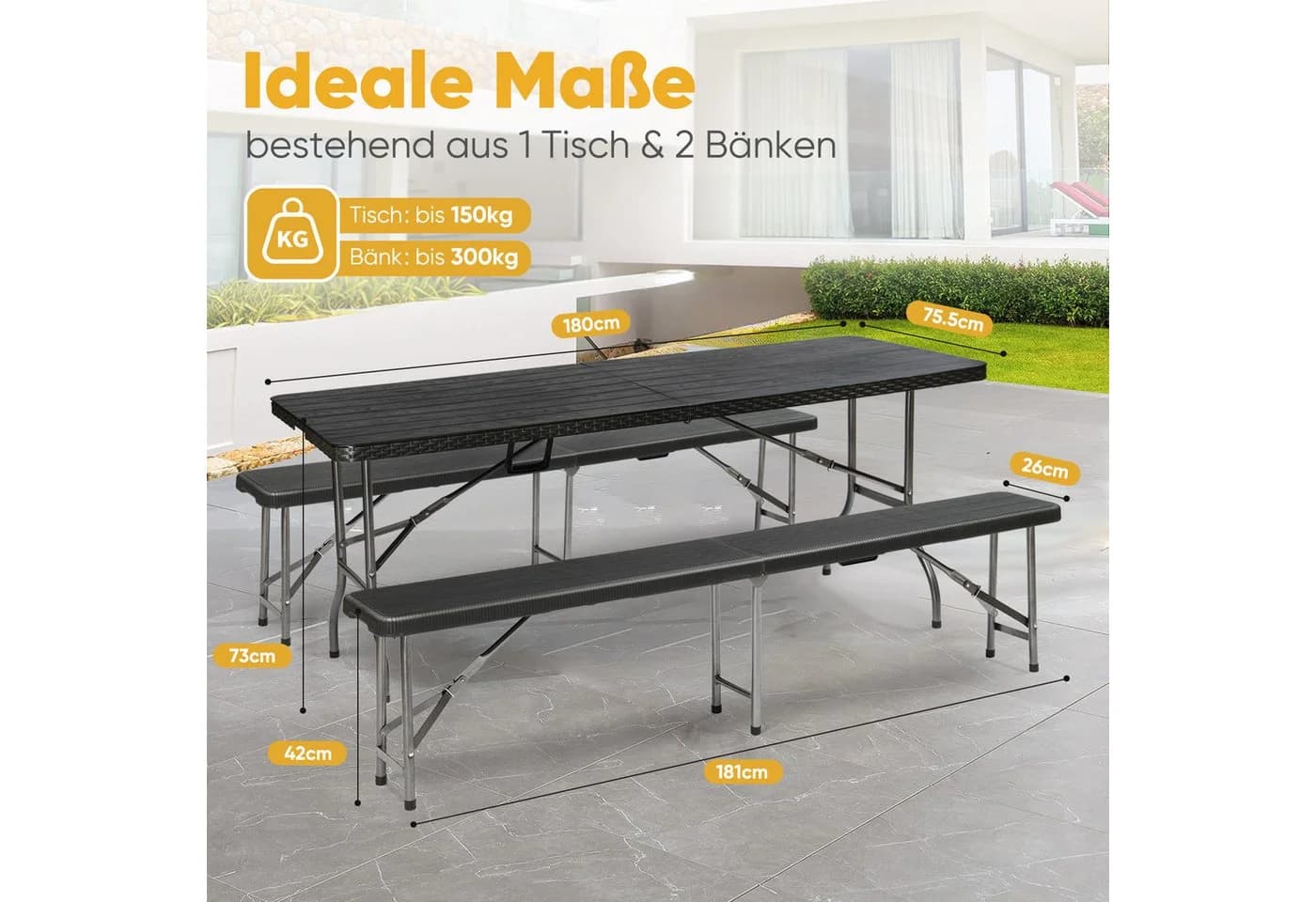 Sekey Bierzeltgarnitur 3-teilig Klappbar 180cm Gartenmöbel Holz & Rattan-Optik - Bild 5