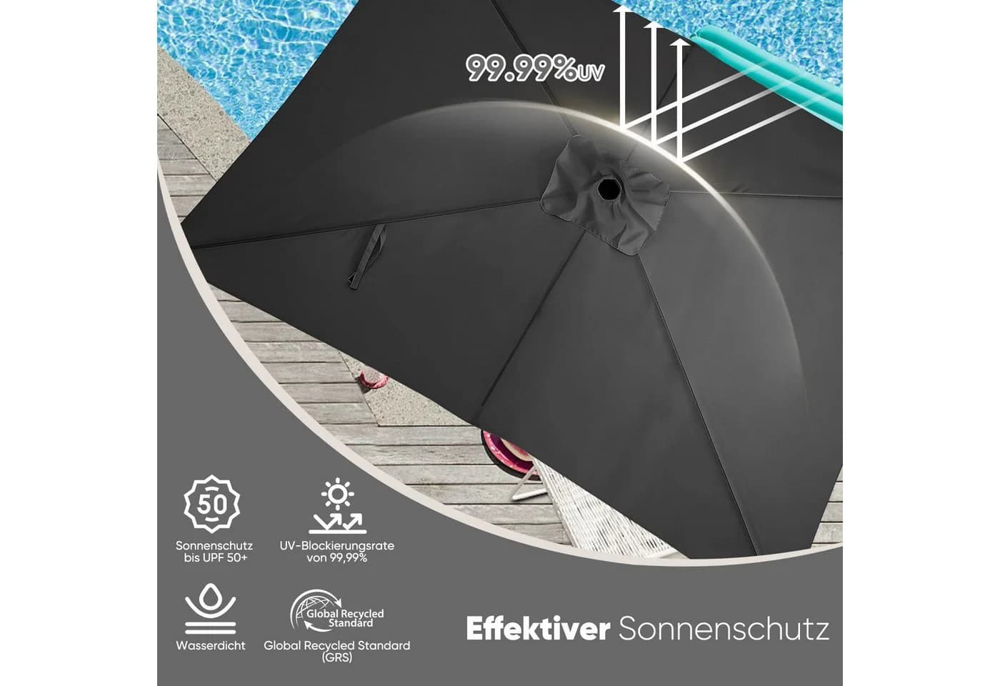 Sekey Sonnenschirm 300x200 cm Grau UV50+ Kurbel knickbar - Bild 3