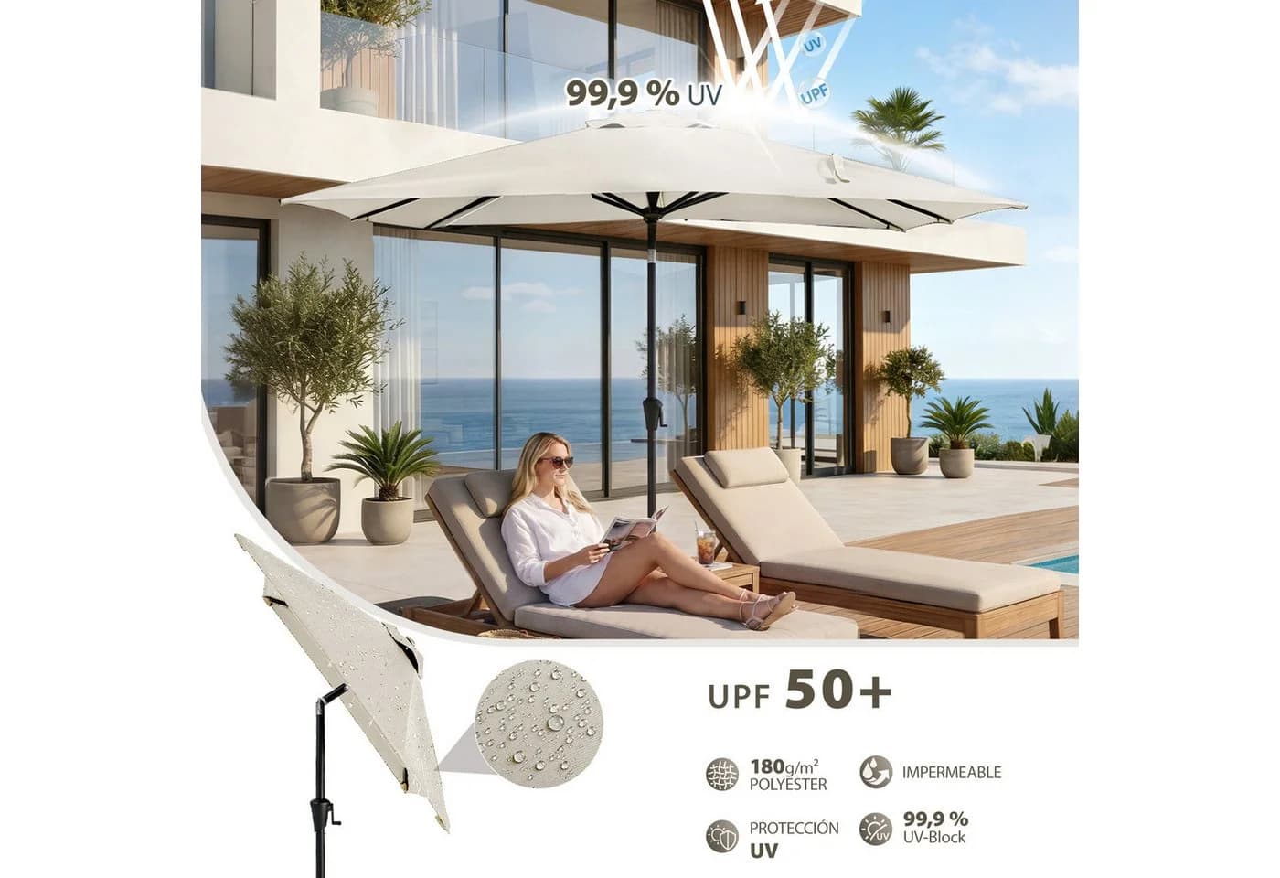 Sekey Sonnenschirm Rechteckig mit Kurbel und UV-Schutz - Bild 3