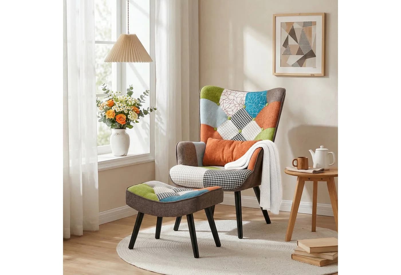 HomeMiYN Ohrensessel Relaxsessel Patchwork mit Hocker - Bild 2