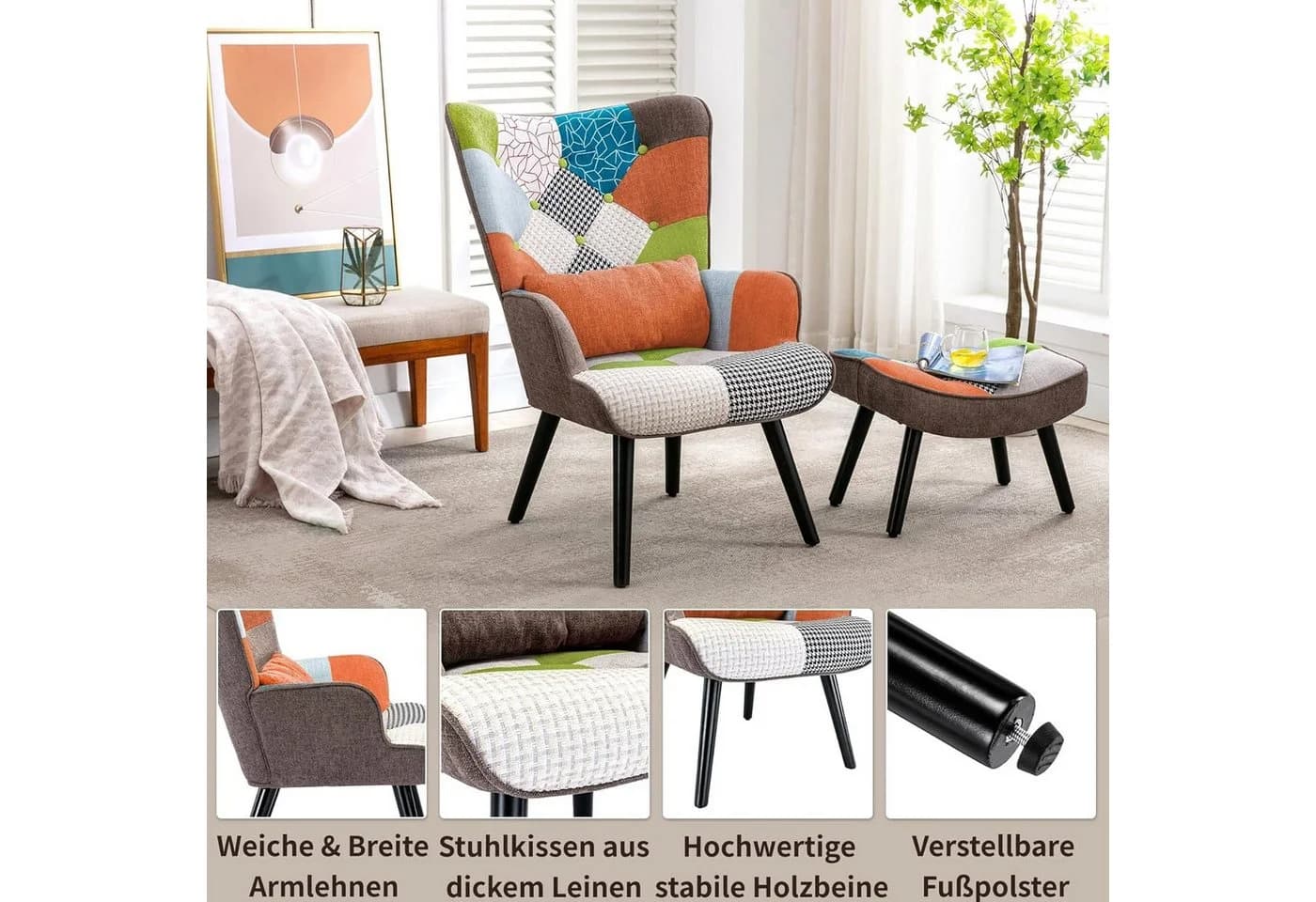 HomeMiYN Ohrensessel Relaxsessel Patchwork mit Hocker - Bild 3