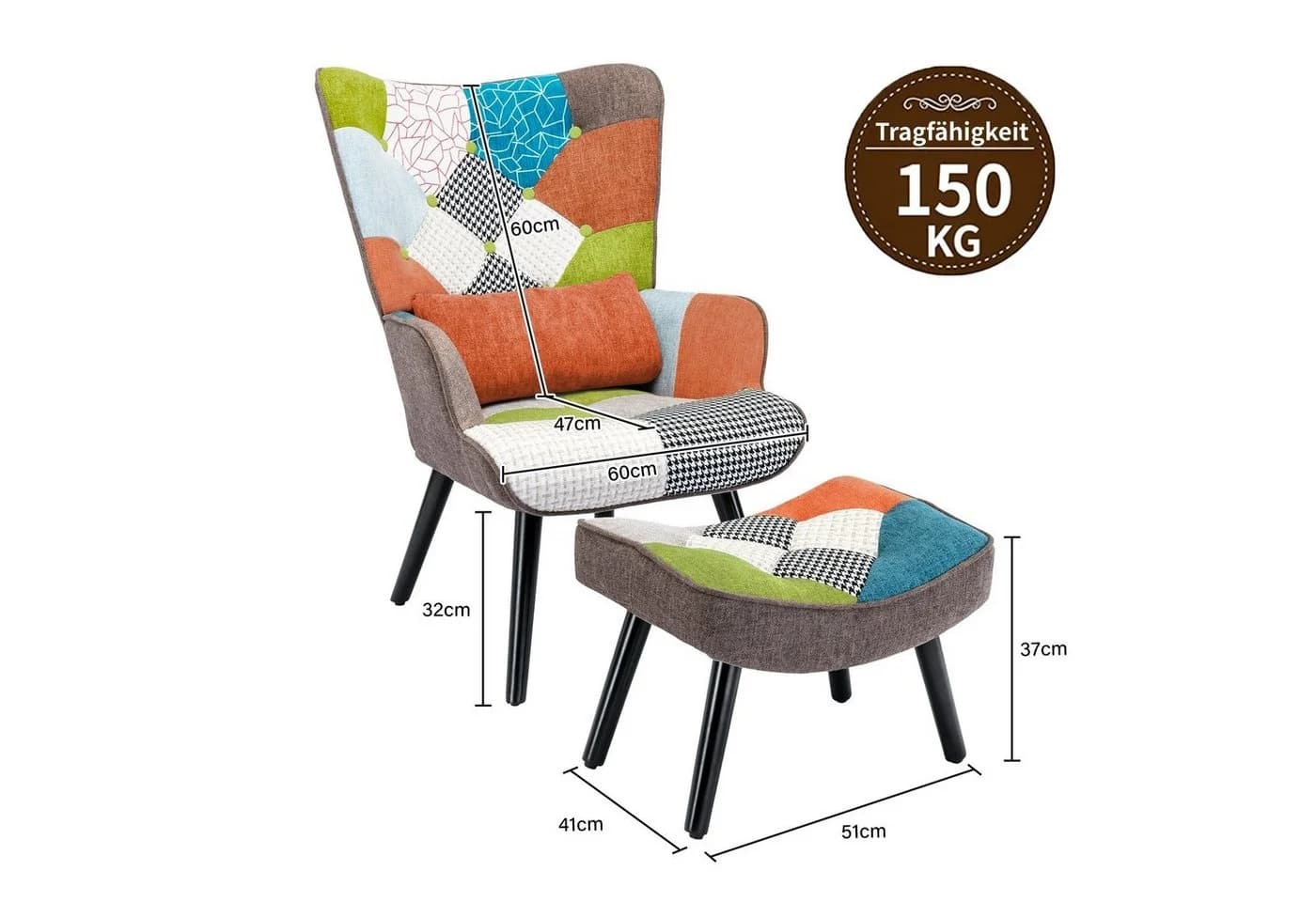HomeMiYN Ohrensessel Relaxsessel Patchwork mit Hocker - Bild 4