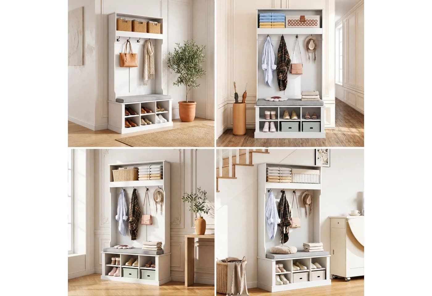 Hausprofi Garderobenständer mit Schuhbank & Sitzfläche, weiß/grau, 4-in-1