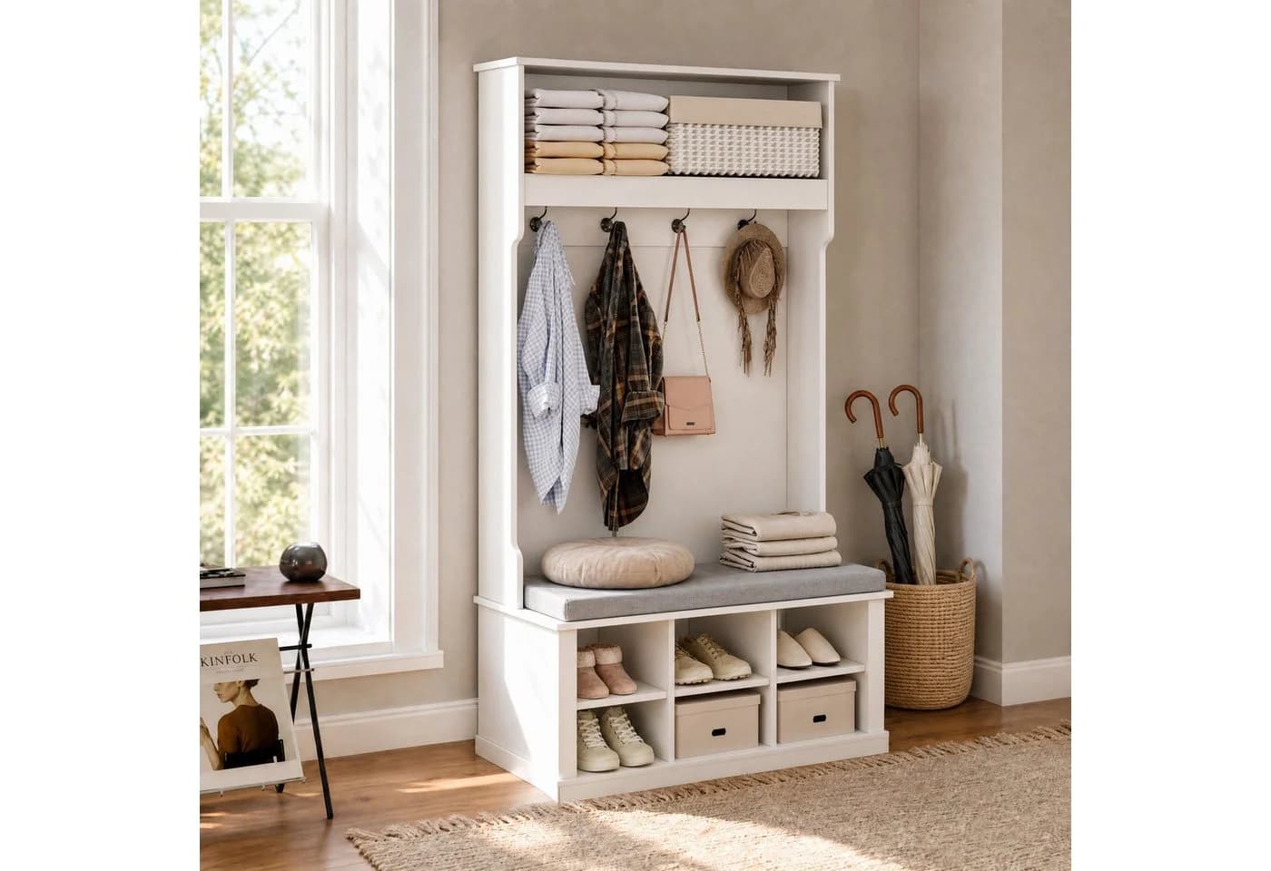 Hausprofi Garderobenständer mit Schuhbank & Sitzfläche, weiß/grau, 4-in-1 - Bild 2