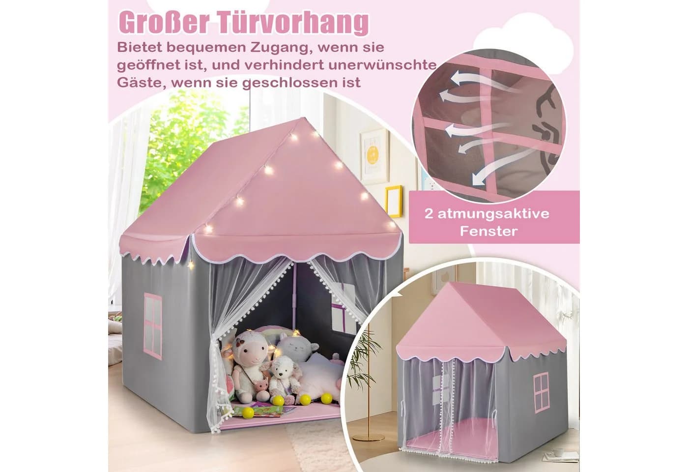 COSTWAY Spielzelt Spielhaus Rosa 105 x 121 x 136 cm Outdoor - Bild 3
