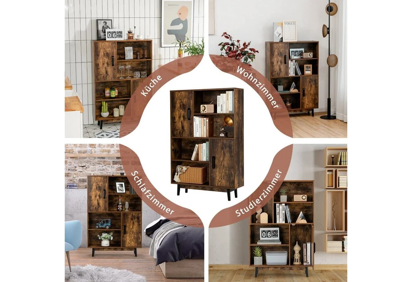 COSTWAY Bücherregal mit 2 Türen & 4 Regalen, Kippsicherung, Holz, 80x24x120cm
