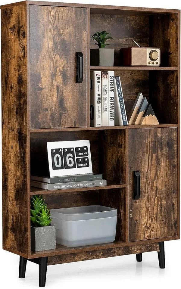 COSTWAY Bücherregal mit 2 Türen & 4 Regalen, Kippsicherung, Holz, 80x24x120cm - Bild 2