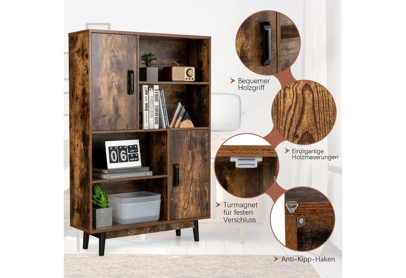 COSTWAY Bücherregal mit 2 Türen & 4 Regalen, Kippsicherung, Holz, 80x24x120cm - Bild 5